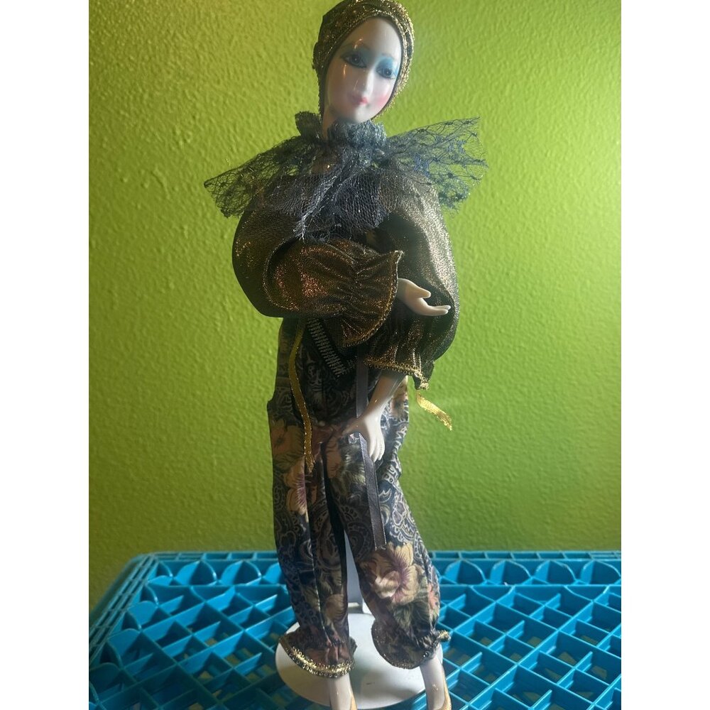 Vintage Green Gables Creations Co. Porcelain Harlequin Doll With Floral Patterne